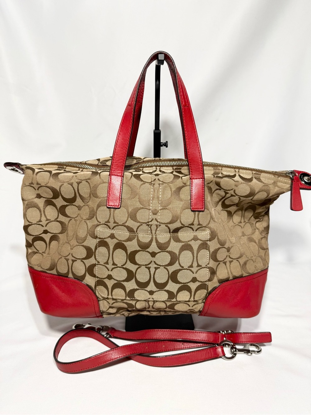 Coach Tan Signature Canvas Tote with Red Leather Trim